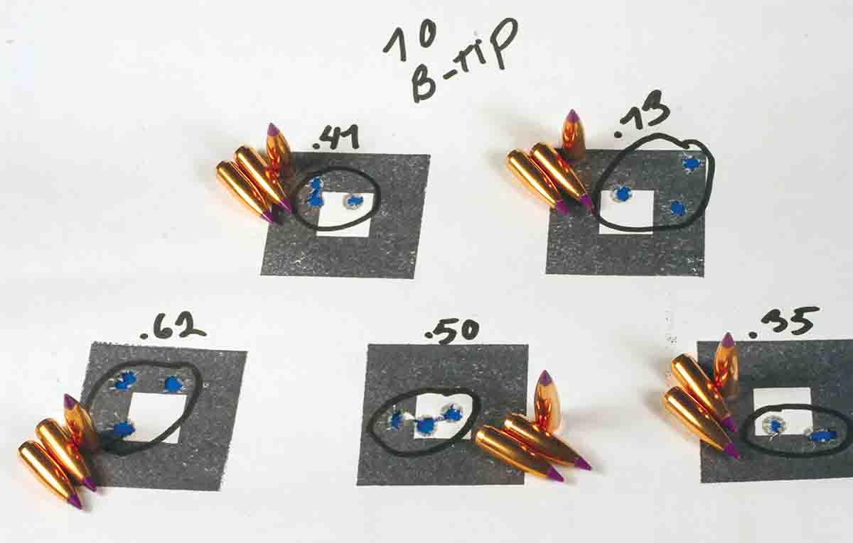 All five groups were shot with Accurate 2495 and Nosler 70-grain Ballistic Tips from a Cooper Firearms Model 22 .243 Winchester.